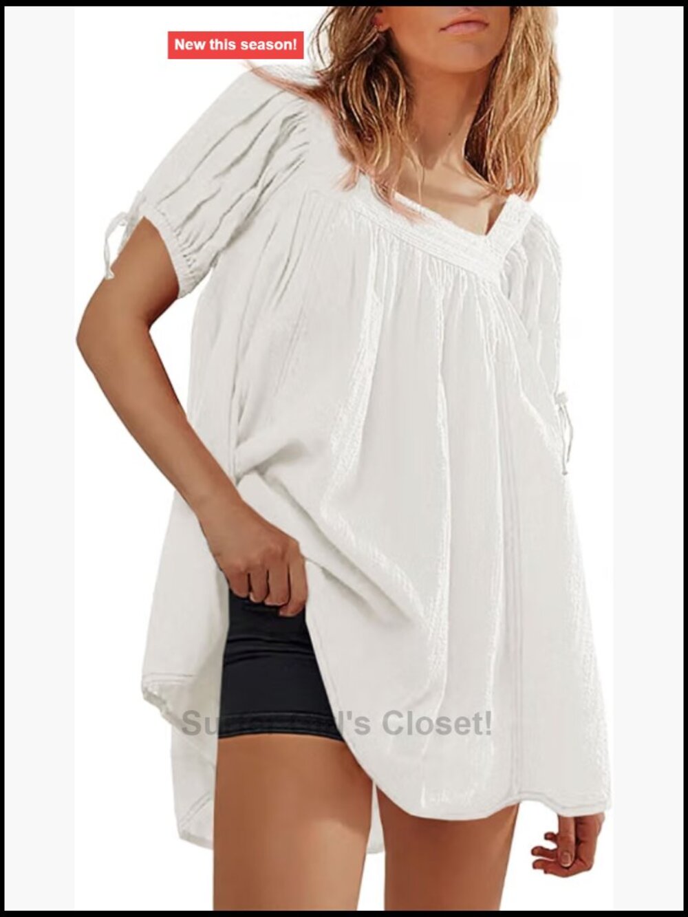 Women's Square Neck Babydoll Top Puff Short Sleeve Tunic Blouse Cotton